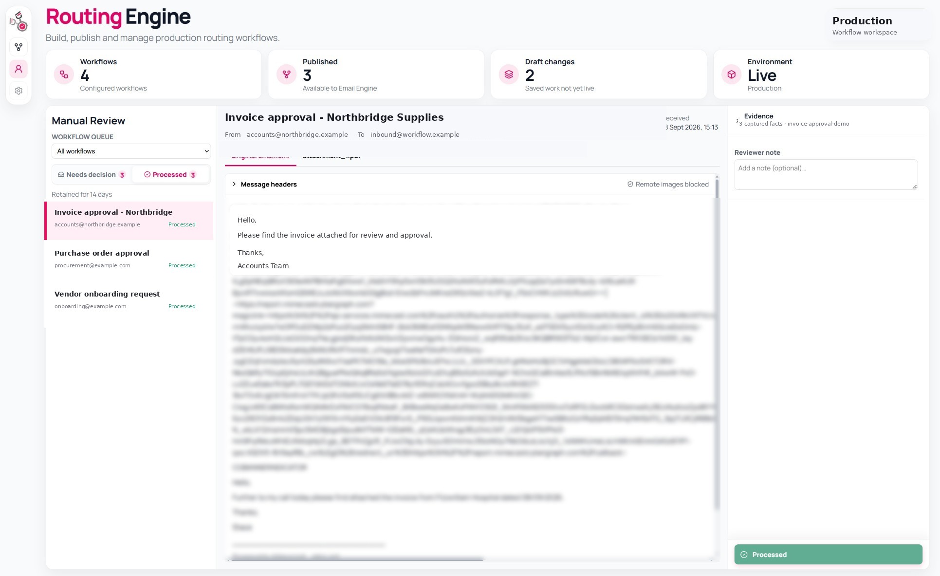 Routing Engine manual review workbench with demonstration data